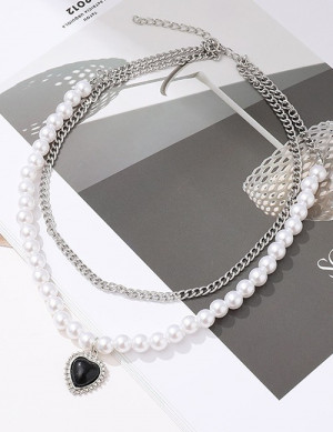 Многослойное колье из жемчуга и стальных цепей G31764MSK Многослойное колье из жемчуга и стальных цепей G31764MSK