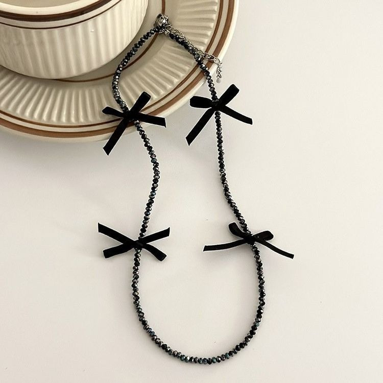 Черный бисерный чокер с текстильными бантиками J11235CJJ