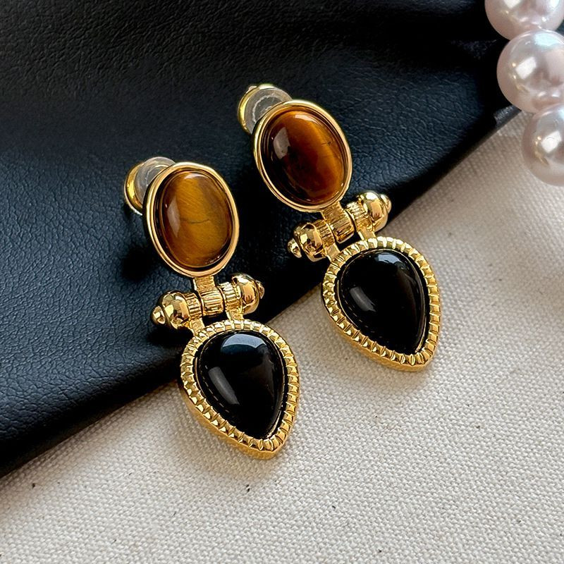 Винтажные серьги с тигровым глазом и ониксом CJP40690 Винтажные серьги с тигровым глазом и ониксом CJP40690
