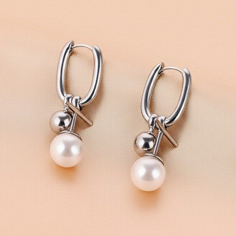 Серьги из стали с жемчугом и металлическими сферами 1J11900CJJ