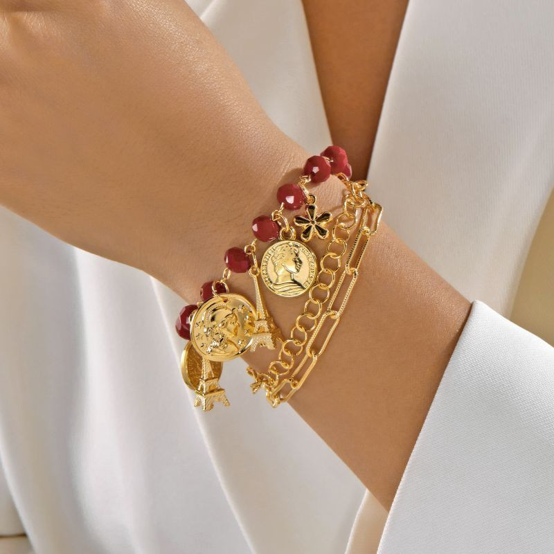 Браслет многорядный из золотистых цепей и бусин CJT15260 Браслет многорядный из золотистых цепей и бусин CJT15260