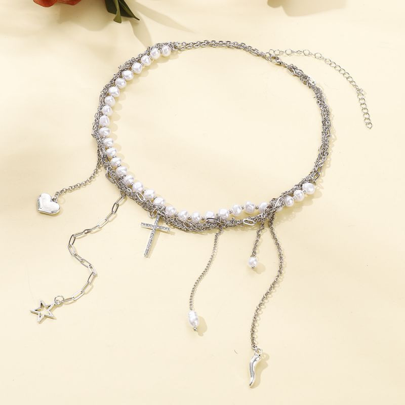 Серебристый чокер-цепочка с подвесками в виде крестов CJM16929 Серебристый чокер-цепочка с подвесками в виде крестов CJM16929