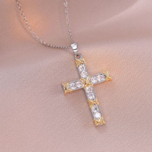 Золотистое стальное колье с крестом в кристаллах CJE24235