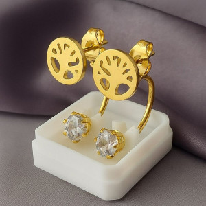 Золотистые стальные серьги-джекеты Дерево Жизни с фианитами 1J10367CJJ