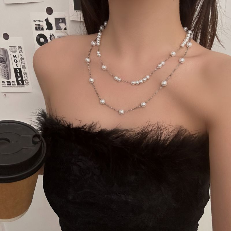 Многослойная серебристая цепочка с жемчужными подвесками CJL19601