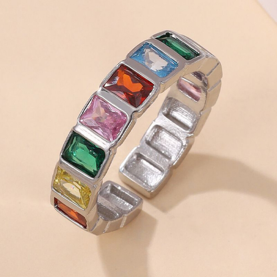 Разомкнутое кольцо-радуга с кристаллами багетной огранки в виде дорожки CJJ22155