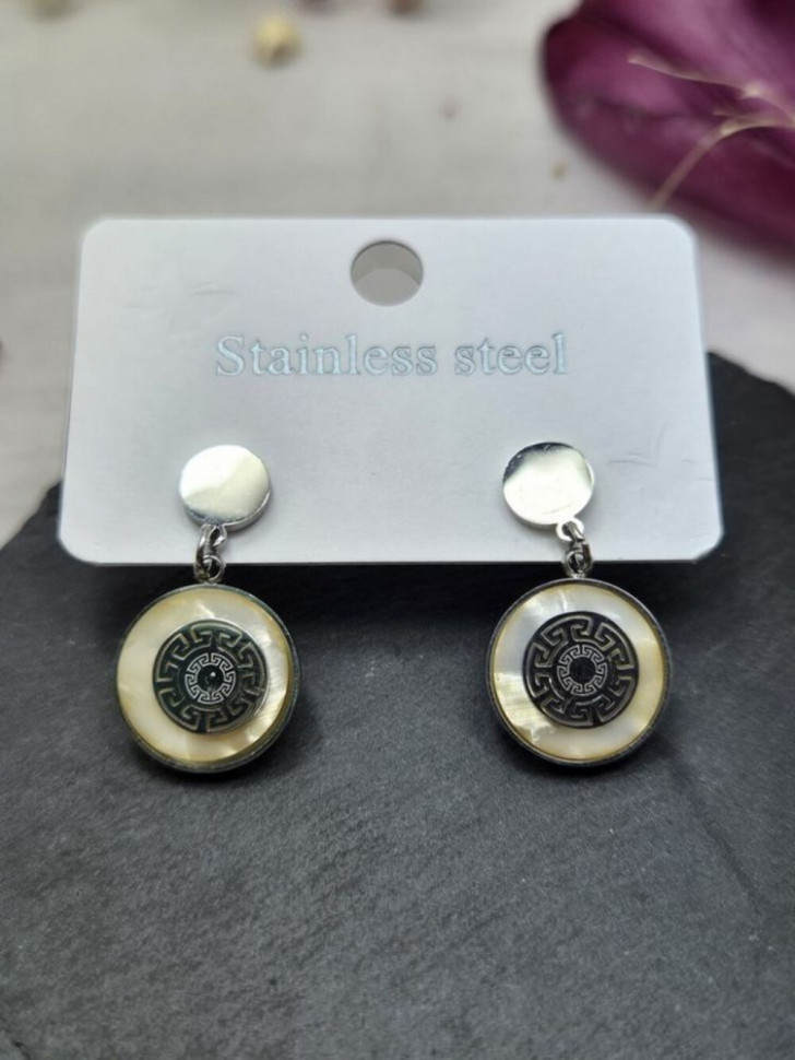 Висячие серьги из медицинской стали с дисками и античным узором 1J10614CJJ Висячие серьги из медицинской стали с дисками и античным узором 1J10614CJJ