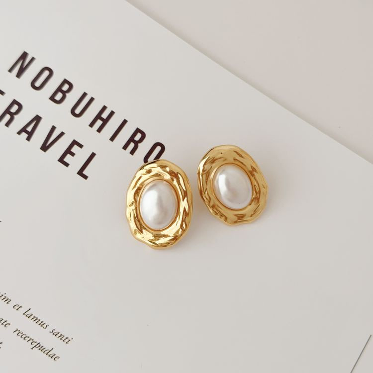 Серьги гвоздики из стали кулон жемчуг с напылением золотом J11489CJJ