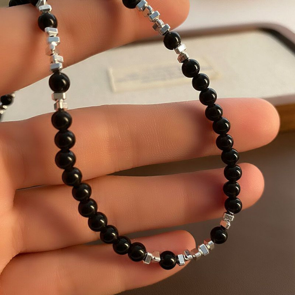 Бусы из черного агата с серебристыми вставками CJH95178