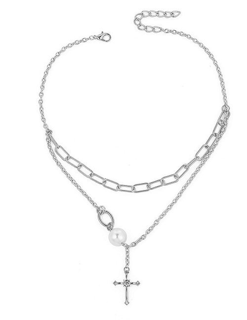 Многослойное золотистое колье с крупным крестом и жемчугом M08684