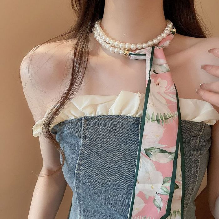 Многослойное колье из жемчуга и текстильной ленты CJM37697 Многослойное колье из жемчуга и текстильной ленты CJM37697