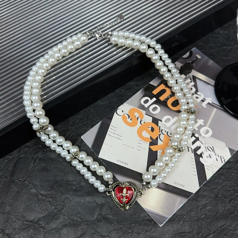 Многослойные бусы из жемчуга и металла с красным сердцем CJM02284