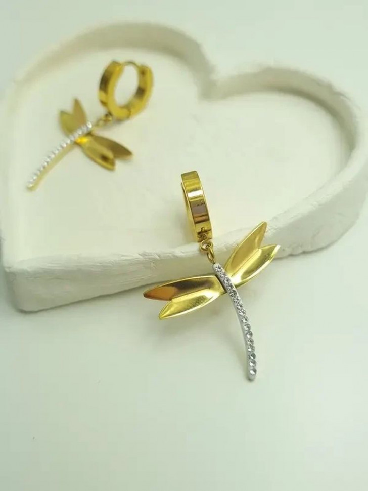 Серьги стальные с напылением золотом стрекозы J10218CJJ Серьги стальные с напылением золотом стрекозы J10218CJJ