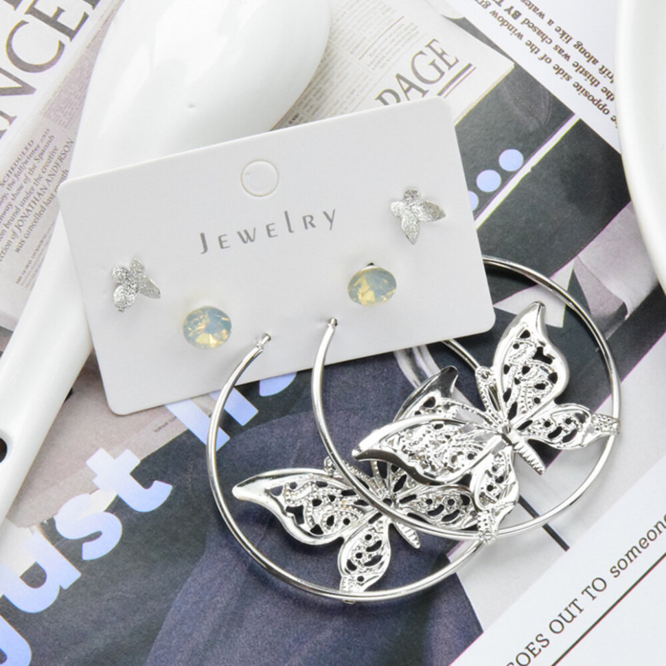 Крупные серьги конго с ажурной съемной подвеской Бабочка в круге 2G22587(МСК)