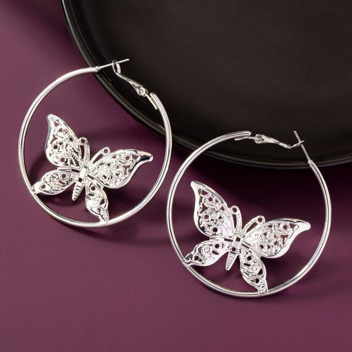 Крупные серьги конго с ажурной съемной подвеской Бабочка в круге 2G22587(МСК)