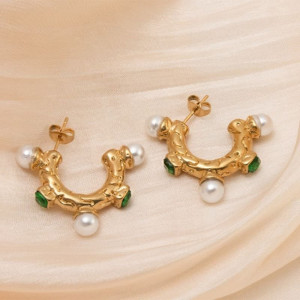 Фактурные серьги-полукольца с жемчугом CJC69135 Фактурные серьги-полукольца с жемчугом CJC69135