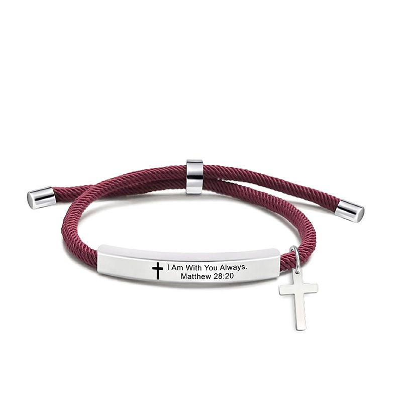 Браслет шнурок серебристый с надписью и подвеской-крестом CJT17972