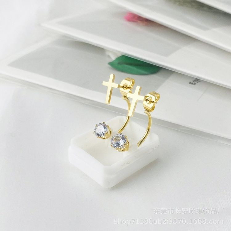 Золотистые стальные серьги-джекеты с крестами и фианитами 1J10374CJJ