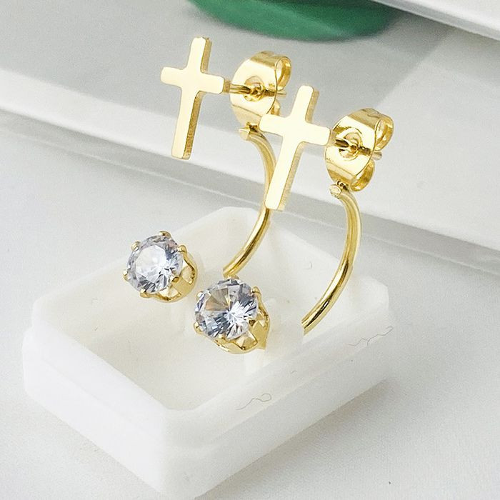 Золотистые стальные серьги-джекеты с крестами и фианитами 1J10374CJJ
