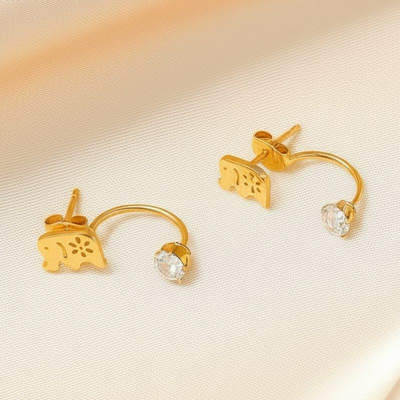 Золотистые стальные серьги-джекеты в форме слонов с кристаллами 1J10375CJJ