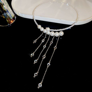 Колье-обруч с длинными жемчужными нитями и кристаллами CJG36929