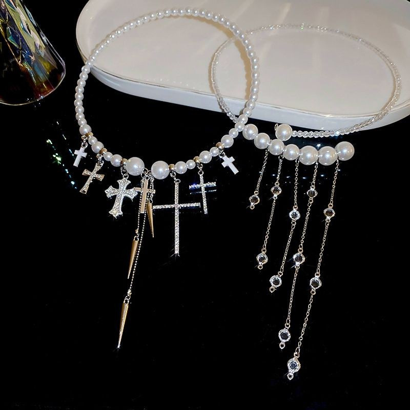 Колье-обруч с длинными жемчужными нитями и кристаллами CJG36929