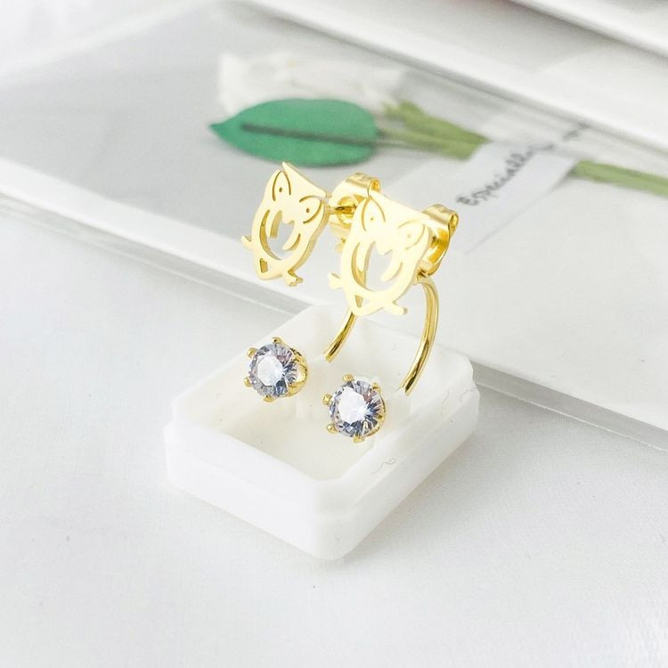 Золотистые стальные серьги-джекеты в форме сов с сияющими фианитами 1J10378CJJ