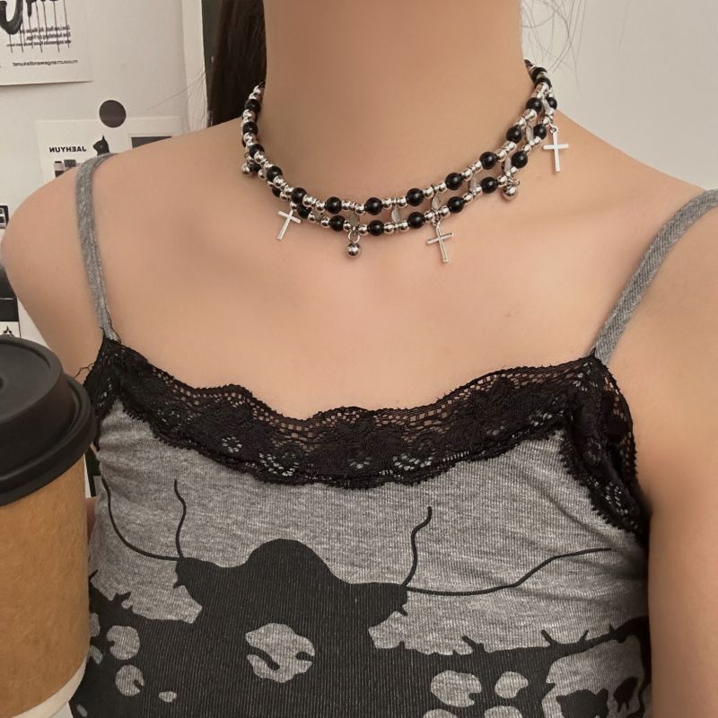 Черный чокер с жемчужными подвесками и кристаллами CJL19705