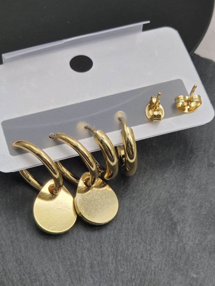 Набор золотистых стальных серег с кристальными дисками J11497CJJ