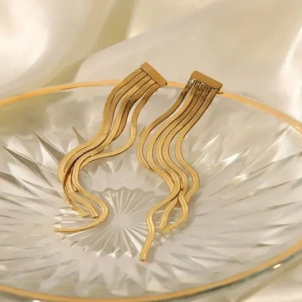 Серьги-гвоздики висячие стальные с напылением золотом J10143CJJ