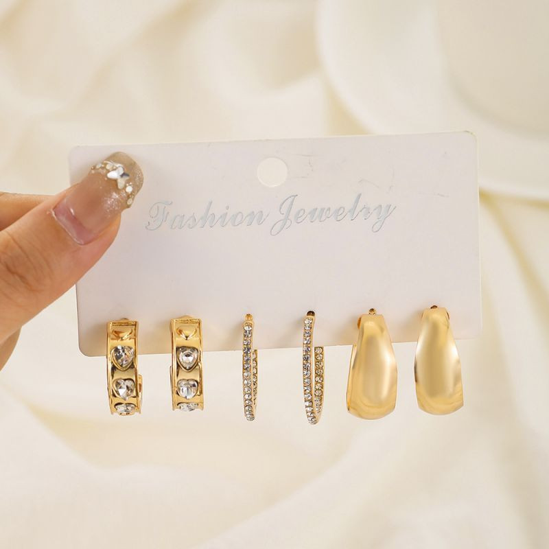 Набор золотистых серег конго с кристаллами и широкими кольцами CJL17161