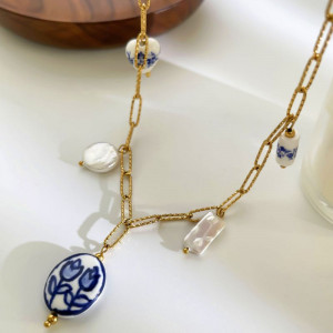 Золотистая цепочка с синими бусинами CJM23586 Золотистая цепочка с синими бусинами CJM23586