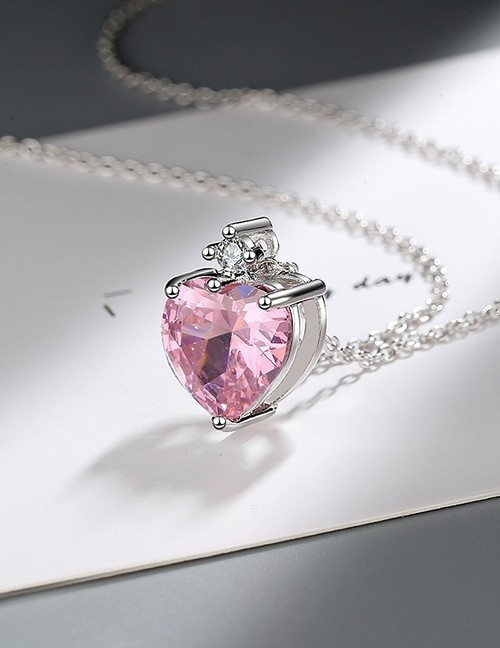 Серебристая Цепочка с крупным сияющим сердцем розового цвета R87973