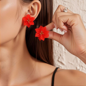 Яркие серьги-пусеты красные цветы CJN94598 Яркие серьги-пусеты красные цветы CJN94598