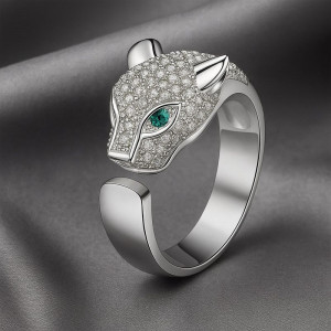Кольцо голова леопарда с россыпью и зелеными глазами 1J12063CJJ