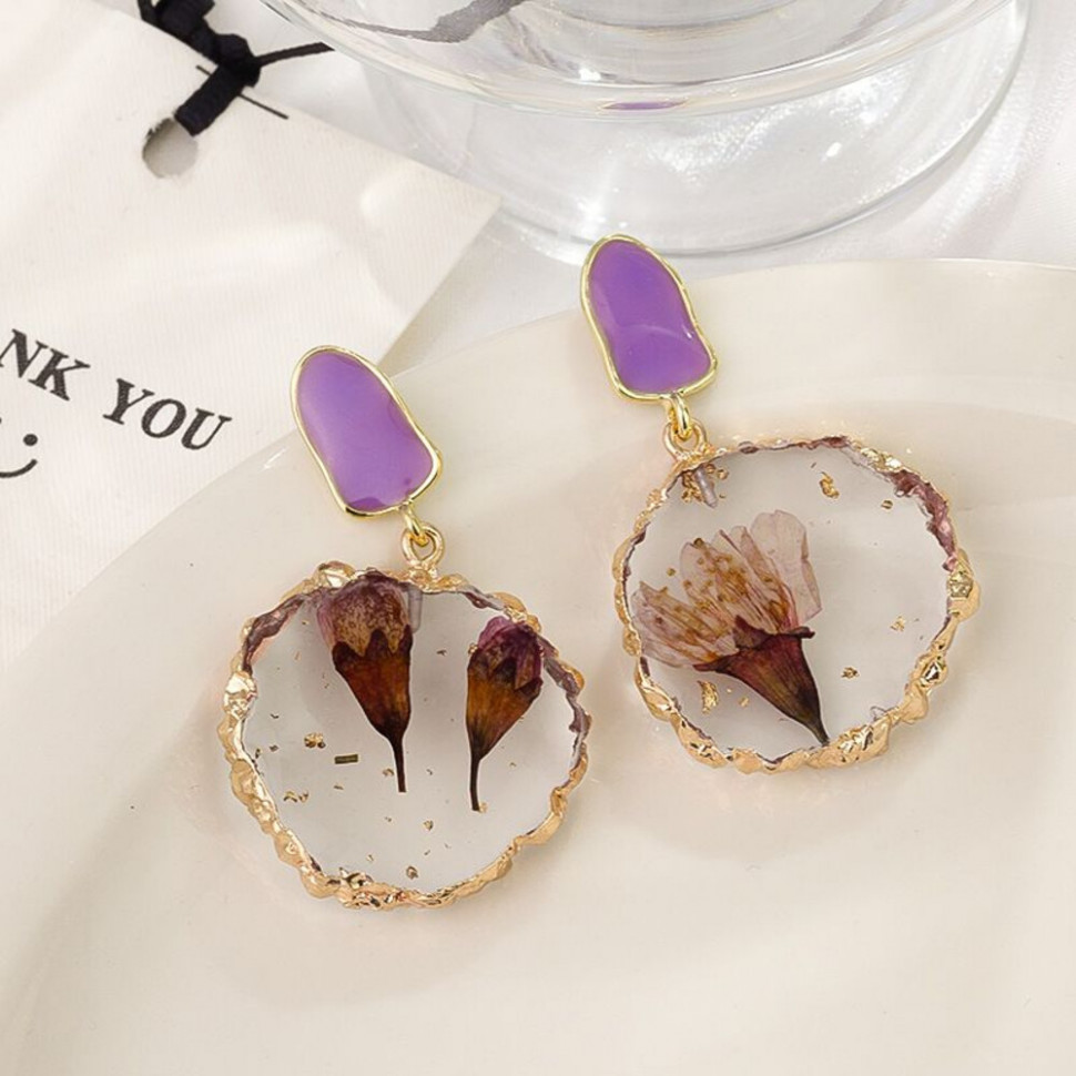 Висячие серьги с натуральными сухоцветами в круглой оправе CJH50879