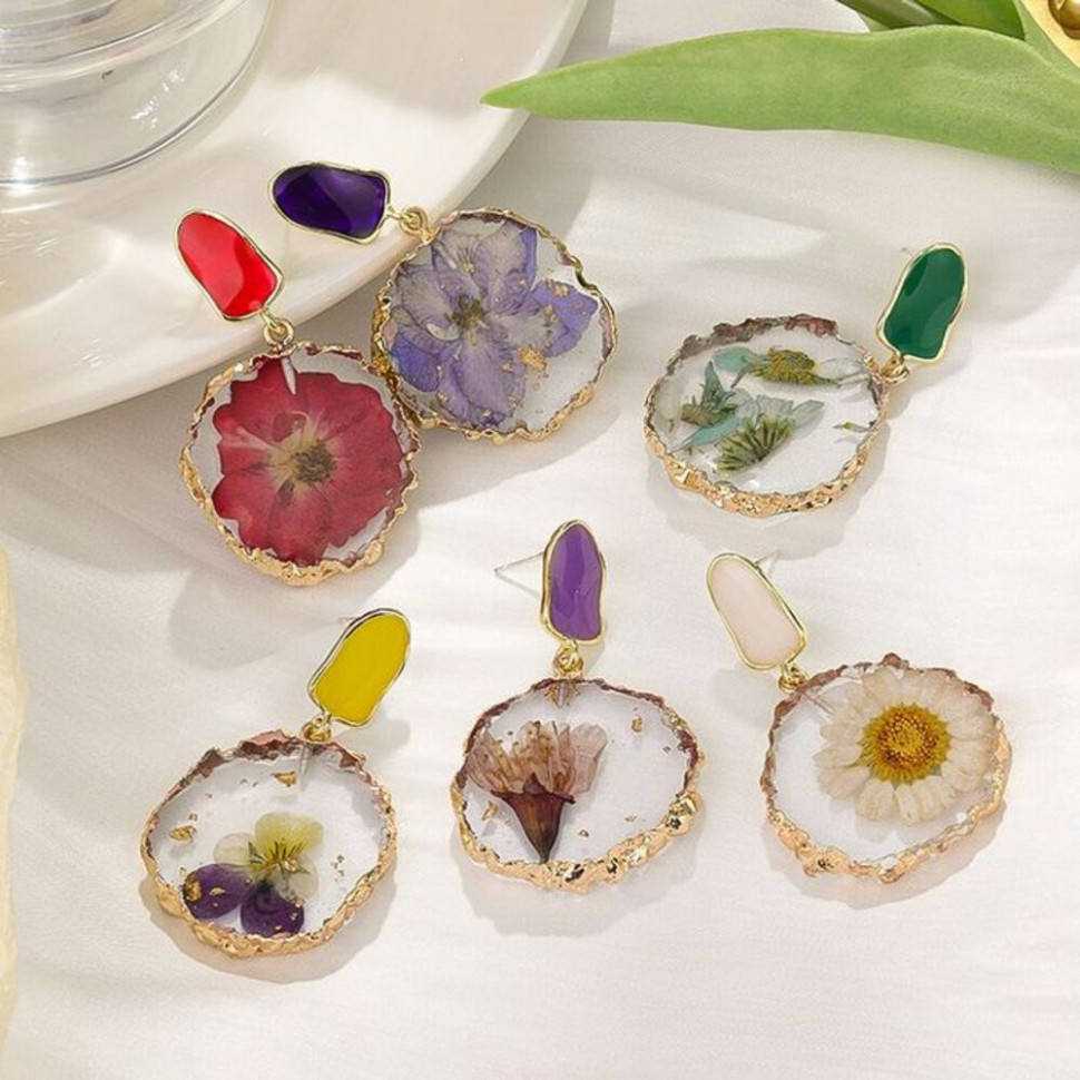 Висячие серьги с натуральными сухоцветами в круглой оправе CJH50879