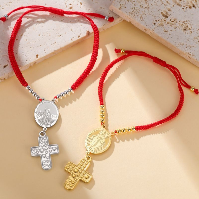 Браслет нить с медальоном и подвеской-крестом в серебре CJS87026