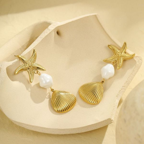 Серьги Висячие Морские звезды и ракушки с жемчугом CJL36040 Серьги Висячие Морские звезды и ракушки с жемчугом CJL36040
