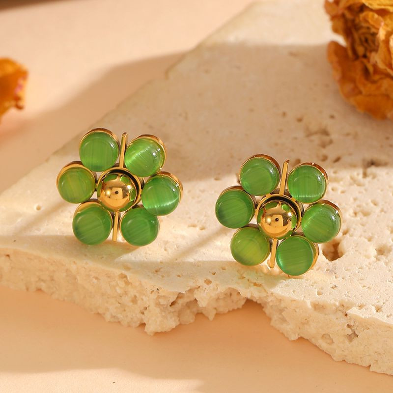Серьги-пусеты Цветы с зеленым акрилом CJR85763