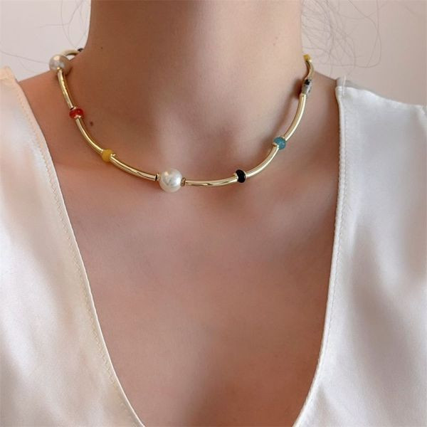 Тонкое колье с разноцветными бусинами и жемчугом CJL47274