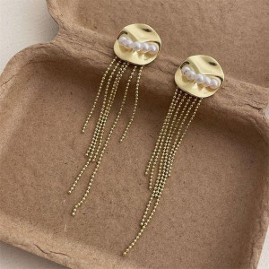Длинные серьги пусеты из цепочек с жемчужной вставкой CJL14771 Длинные серьги пусеты из цепочек с жемчужной вставкой CJL14771