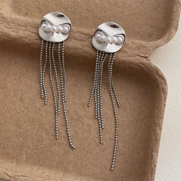 Длинные серьги пусеты из цепочек с жемчужной вставкой CJL14771