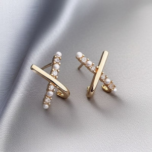 Серьги-пусеты «X-стиль» с жемчужной дорожкой 1J11817CJJ