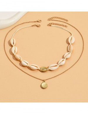 Двойное колье с ракушками каури и золотистым диском Z98584 Двойное колье с ракушками каури и золотистым диском Z98584