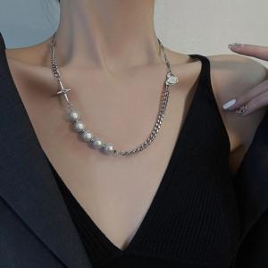 Комбинированное колье из жемчуга и массивной цепи CJH49856