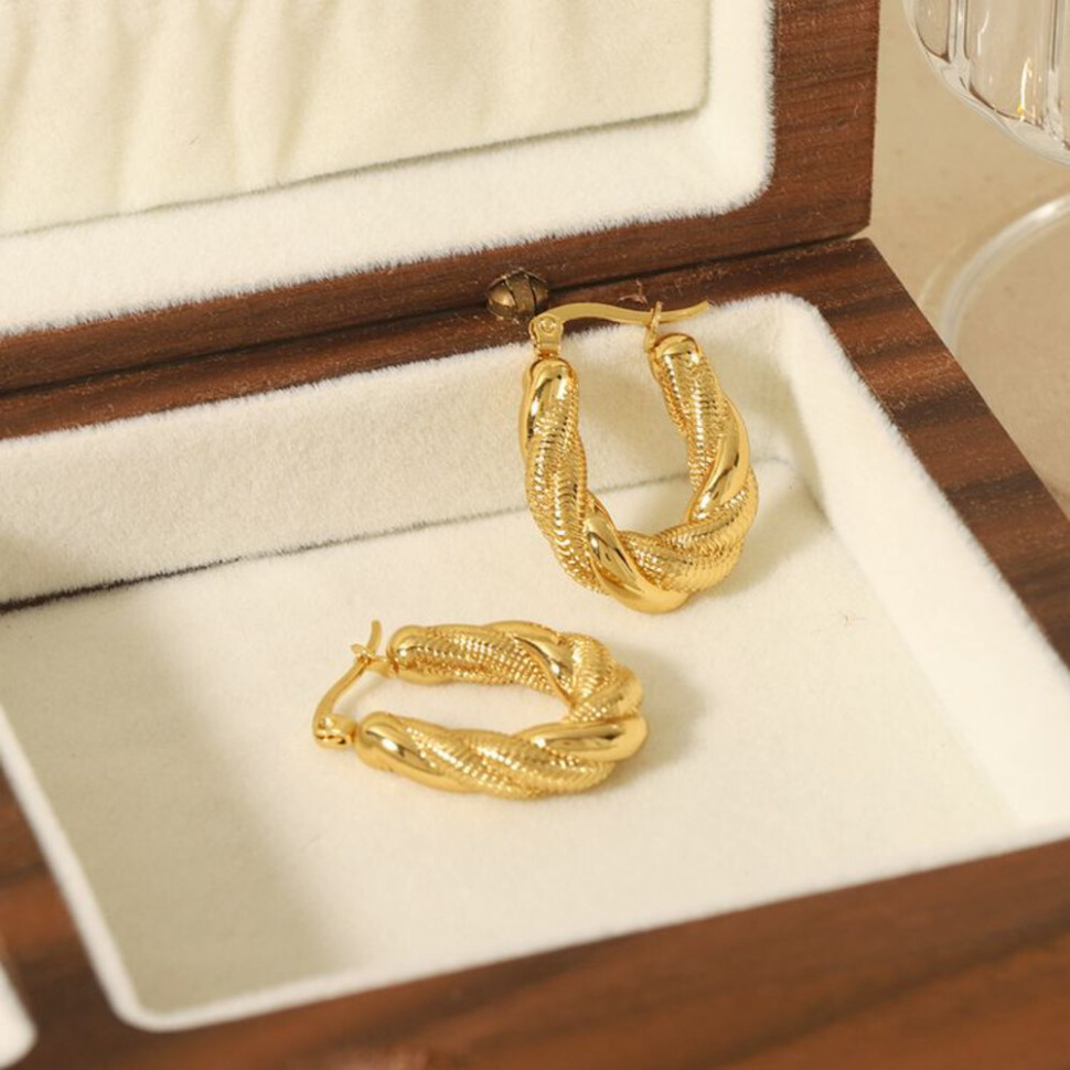 Серьги из стали витые кольца с напылением золотом J11505CJJ