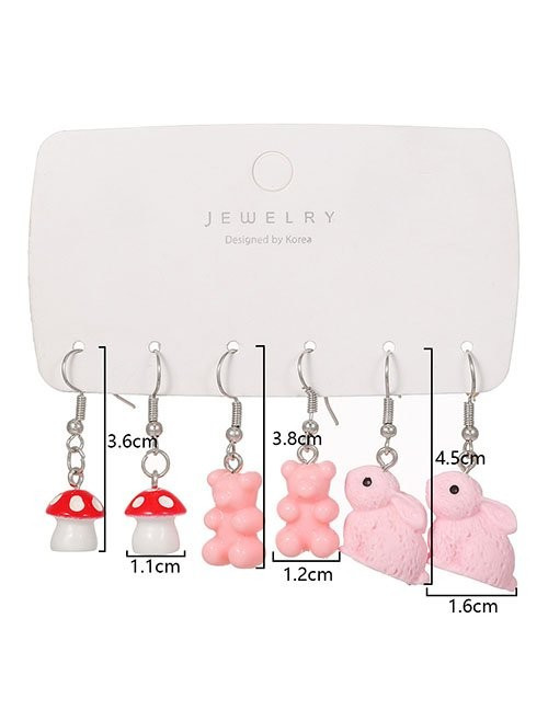 Набор ярких детских серег с розовыми зайчиками мишками и мухоморами Z28975