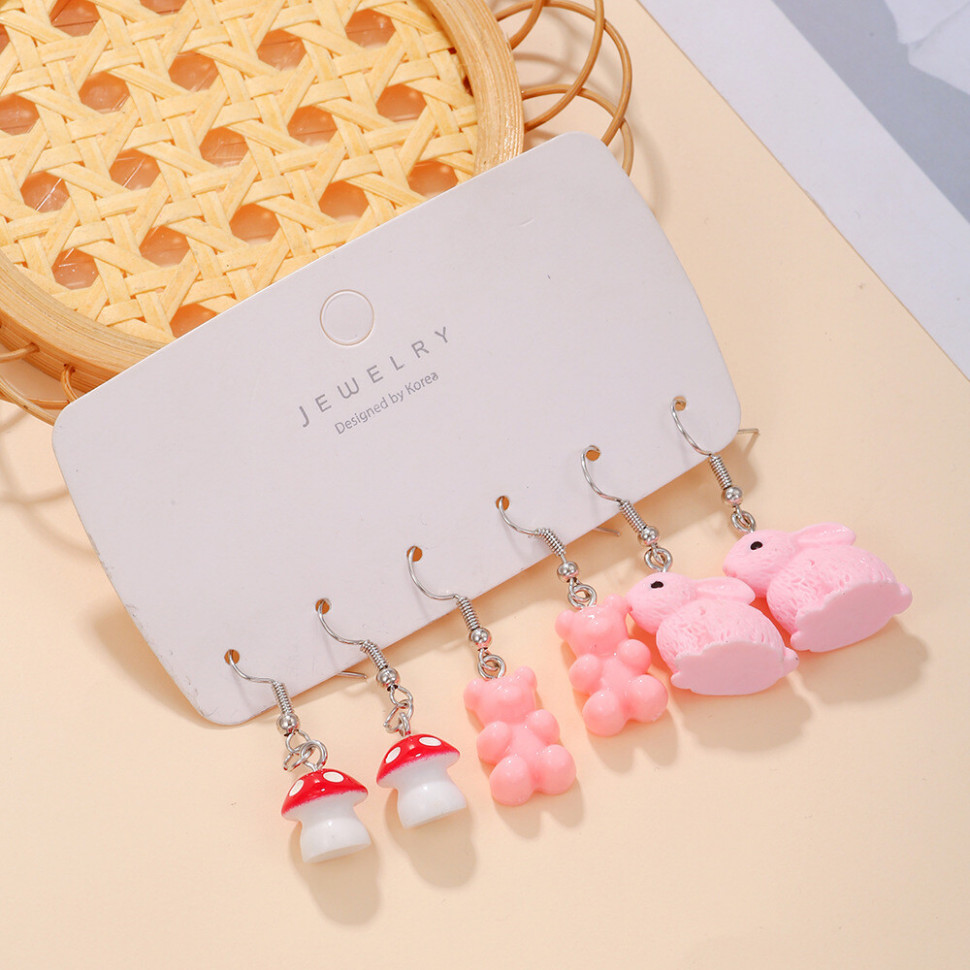 Набор ярких детских серег с розовыми зайчиками мишками и мухоморами Z28975