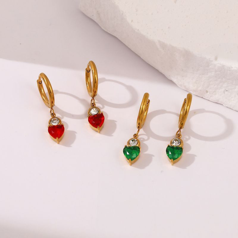 Зелёные серьги из стали с сердцем и цирконом ASUZ56494